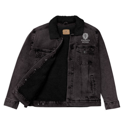 Unisex Sherpa-Lined Black Denim Jacket – "Strength Within" Edition