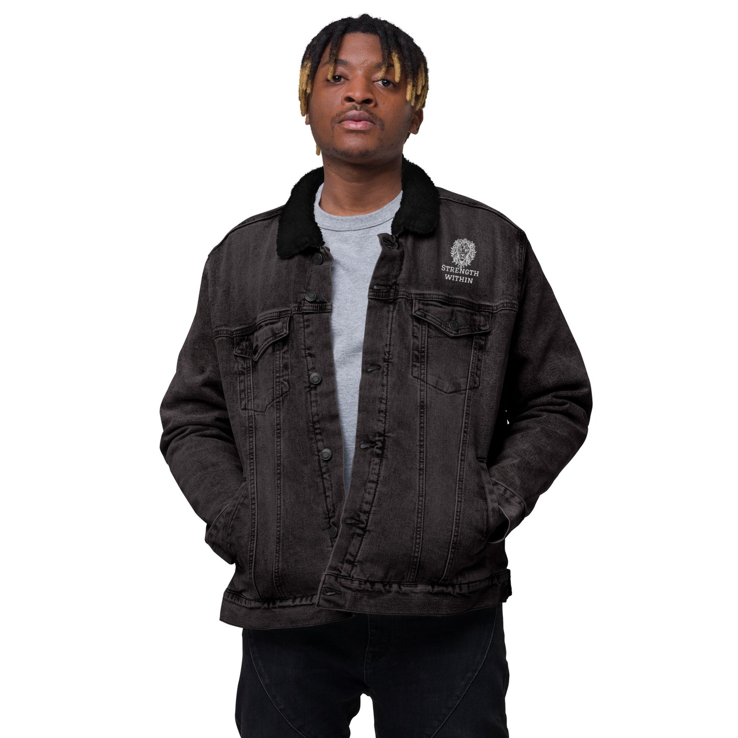 Unisex Sherpa-Lined Black Denim Jacket – "Strength Within" Edition