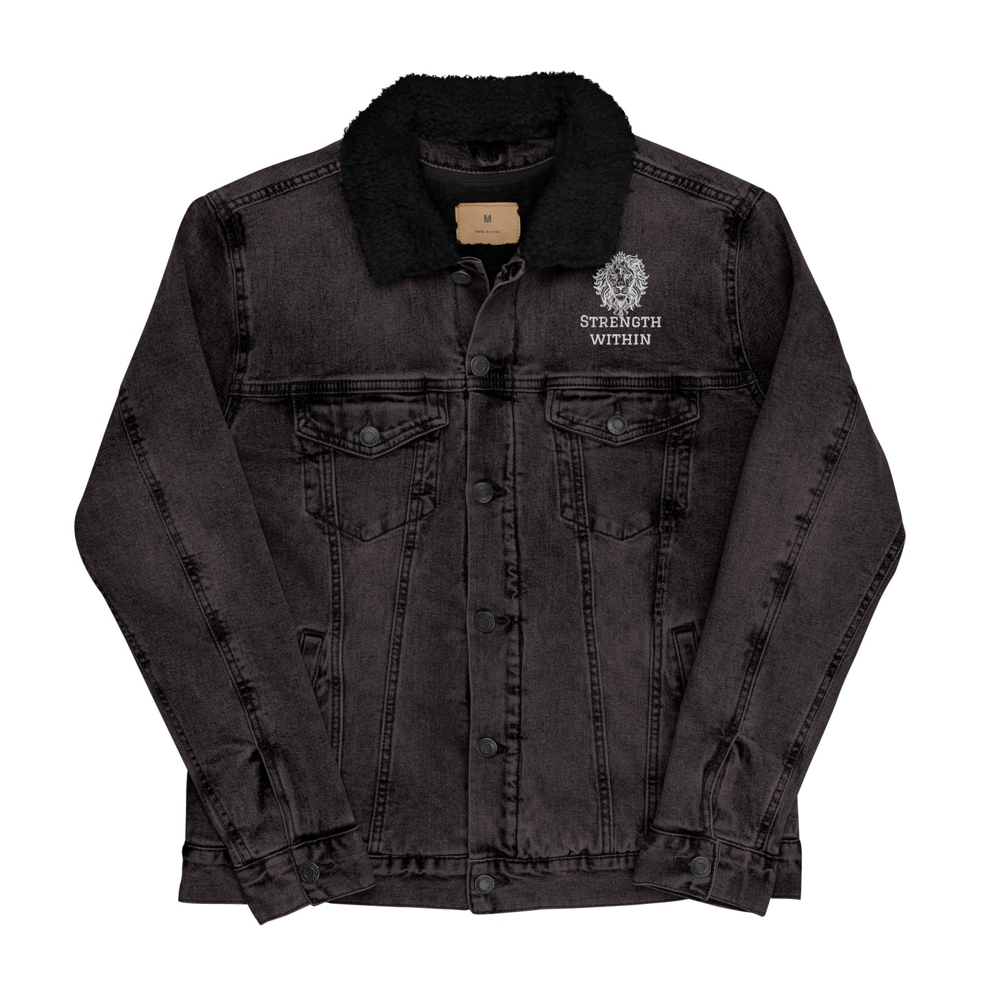 Unisex Sherpa-Lined Black Denim Jacket – "Strength Within" Edition