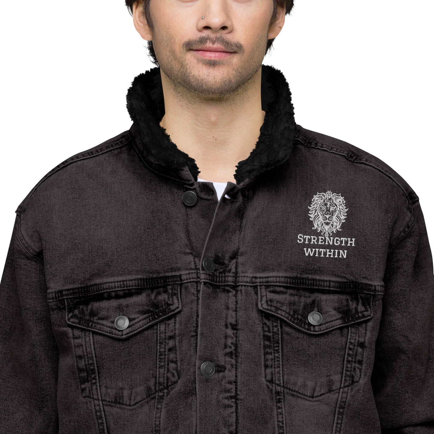 Unisex Sherpa-Lined Black Denim Jacket – "Strength Within" Edition