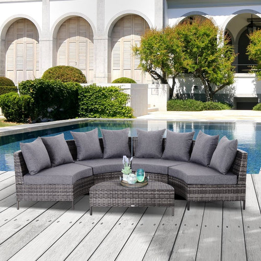 4-Seater Half Moon Shaped Rattan Outdoor Garden Furniture Set Grey