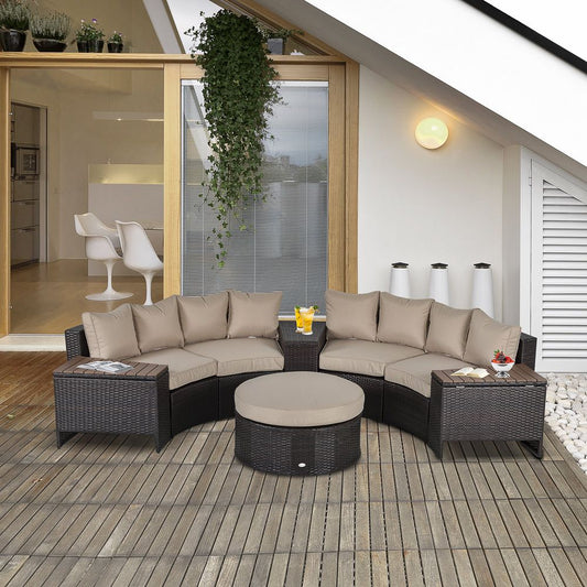 8 PCs Rattan Garden Furniture Set Rattan Sofa Set w/ Side Table & Cushioned